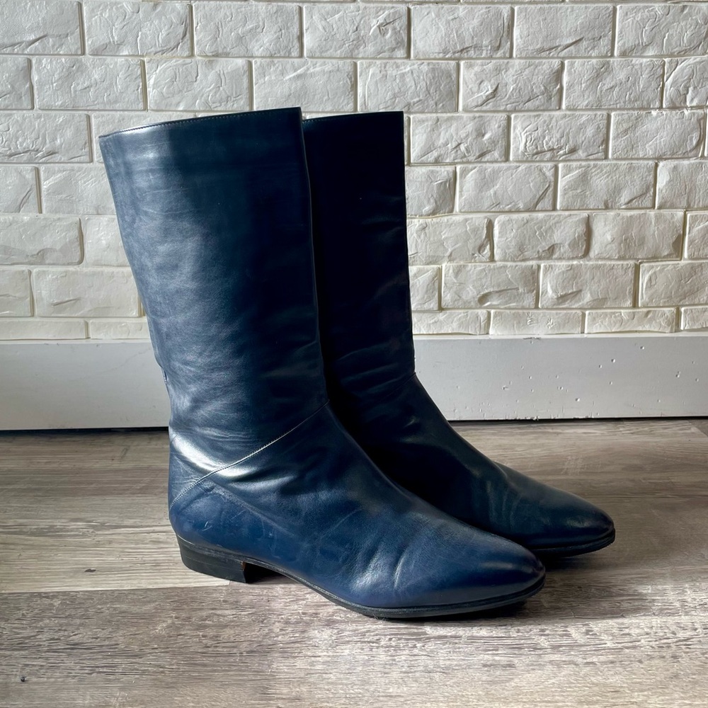 SOLD Vintage 1980s Andrea Carson Navy Blue Italian Leather Mid Calf Boots Size